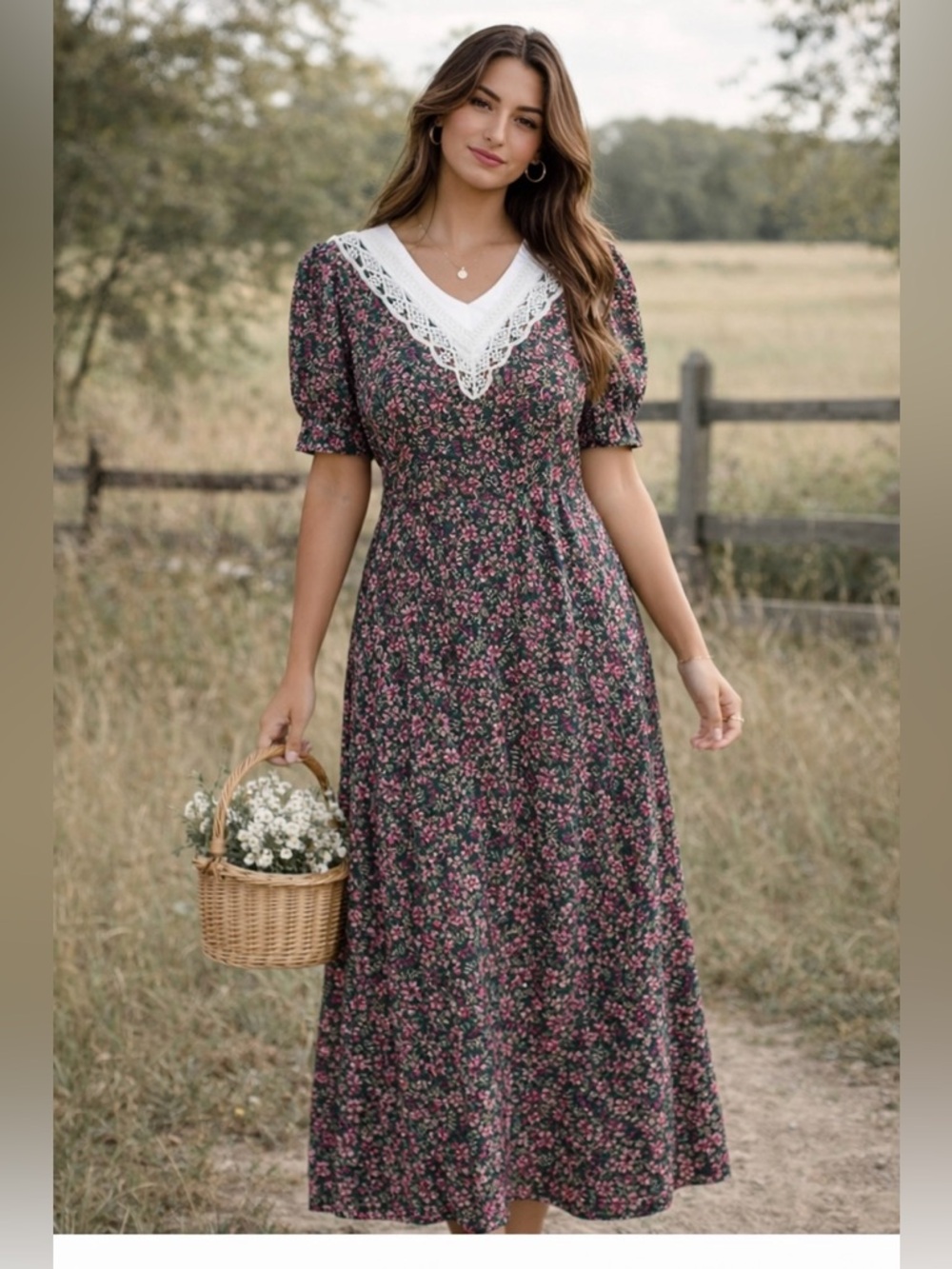 Vintage Floral Dress Lace Collar Cottagecore Prairie  L XL